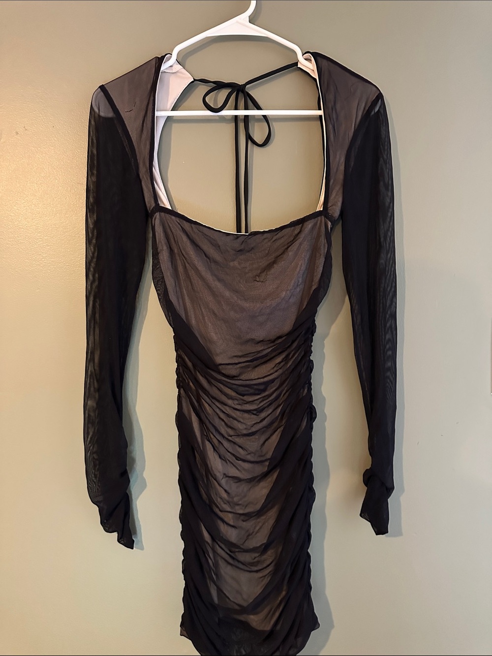 Lucy in the Sky Black Sheer Ruched Long-Sleeve Bodycon Dress